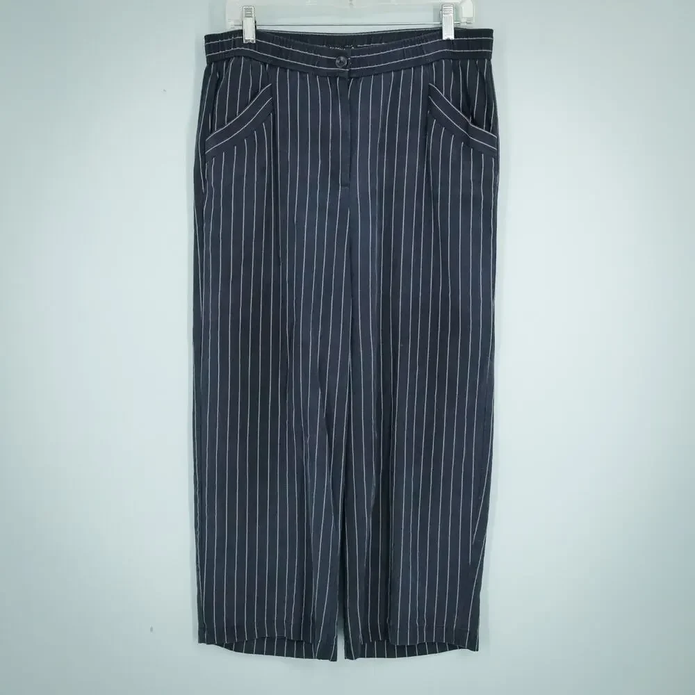 Eileen Fisher Size Small S Navy Blue Pinstripe Stripe Print Straight Leg Pants - Picture 2 of 7